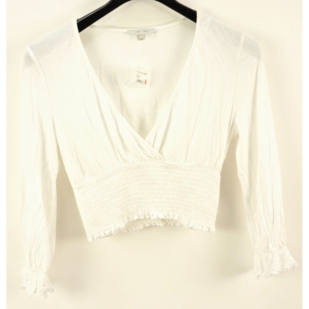 New Love Tree Smocked Long Sleeve V-Neck Crop Top Womens Size Large White Jersey